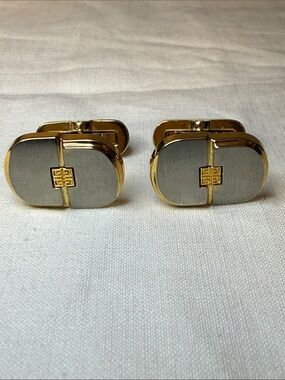 Givenchy Gold Tone & Gray Oval Logo Cufflinks 0.75" Vintage